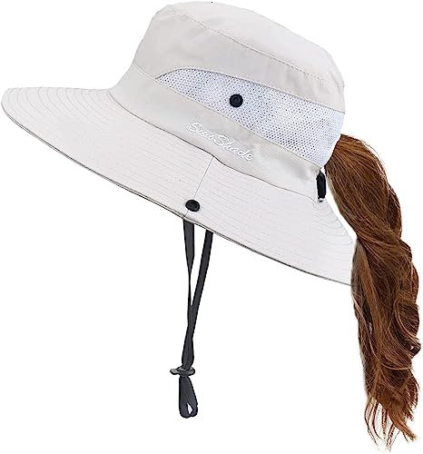 KorhLeoh Sombrero de sol para mujer, protección UV, malla de ala ancha, sombrero de pesca con agujero para cola de caballo, Beige-A, Talla única