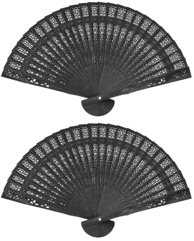 ANCLLO 2 Pieces Hand Fans Black Wooden Hand Fans Black Handheld Folding Fan Women Men Bamboo Fan for Rave Dance Wedding Gifts