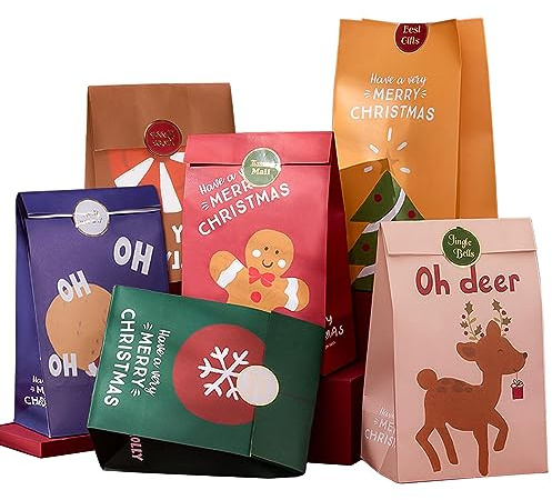 Tüten Weihnachten,Papier Geschenktüten Weihnachten,24 Stück Papiertüten Weihnachten,Kraftpapier Tüten Weihnachten 15 x 27 x 9.7 cm,Kraftpapiertüten Weihnachten,Geschenk Papiertüte Kinder