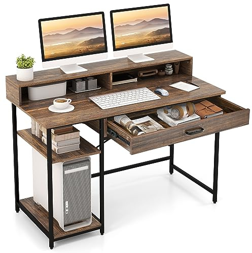 COSTWAY Scrivania Salvaspazio con Cassetti e Supporto Monitor | Scrittoio per Studio e Ufficio con Ripiani Aperti, 120 x 56 x 90,5 cm, Marrone