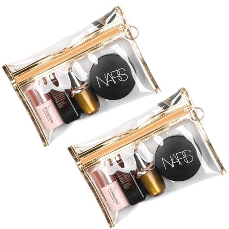 Aieino 2pcs Toiletry Bags, Clear Travel Toiletries Bag Airport Security Approved Liquid Bag Waterproof Cosmetic Organizer Wash Bag Portable for Travel Shower Bathroom Makeup Storage(Gold, 21.5x15cm)