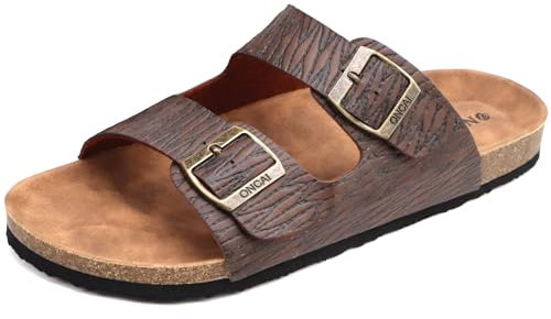 ONCAI Sandales Homme,Claquette Slide Mules de Plage Loisir Bout Ouvert Chaussures de Plage Antidérapant Été Chaussons Grain de bois Marron EU 48