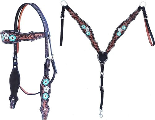 EQUIGEAR Western-Leder-Set mit handgefertigtem Kopfstück und Vorderzeug mit Zügeln. /Size-Full,Cob,Pony AO-0086 (Full)