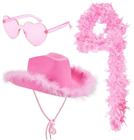 Cowboy Hut Pinker Hüte Cowboy Hut Glitzer Federboa Rosa Federschal Weißer Cowboyhut Federboa Und Herzförmiger Sonnenbrille Dreiteiliges Set Für Karnevalsfeiertage Und Partyausflüge