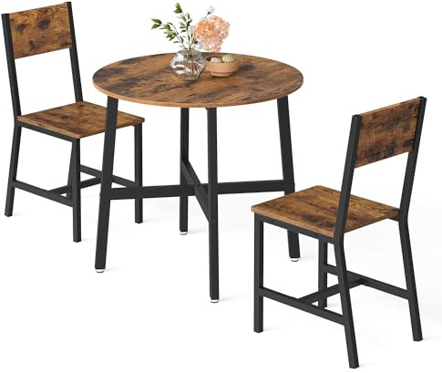VASAGLE Runder Esstisch mit 2 Esszimmerstühlen, Esszimmermöbel-Set, Essgruppe, für Wohnzimmer, Küche, Metallrahmen, einfache Montage, vintagebraun-tintenschwarz KDT084S01