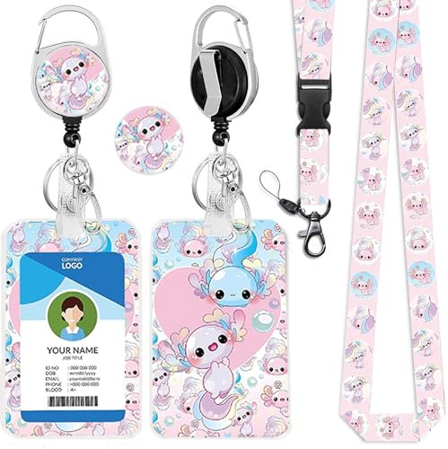 bolimoss Axolotl Lanière avec porte-cartes, cordon rétractable pour clés de carte de crédit, porte-badge coulissant avec bande de sécurité détachable, porte-cartes en plastique pour femme