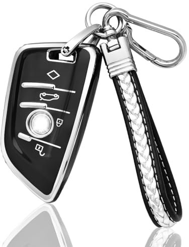 CARFIB Schlüsselanhänger Cover für BMW 2 3 5 6 7 Serie X1 X2 X3 X4 X5 X6 Zubehör mit Leder Schlüsselanhänger 4 Tasten Vollschutz Autoschlüssel Gehäuse Smart Key Case Holder TPU Schwarz Silber, Schwarz