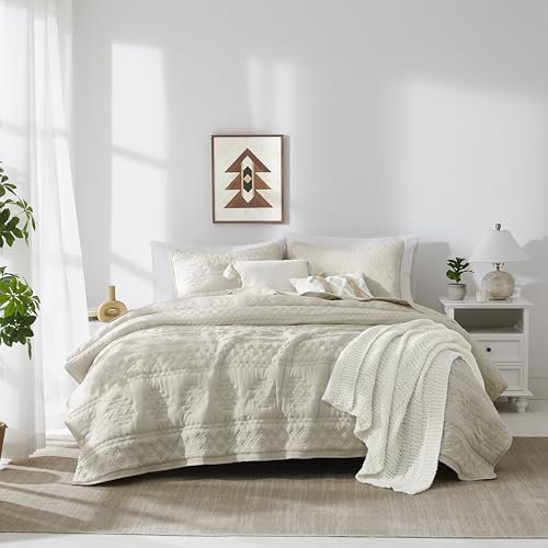 WDCOZY Boho-Steppdecken-Set für Einzelbett (Twin Size) mit 1 Kissenbezug, Landhaus-Stil, leicht, weich, Bettdecke, Tagesdecke, für alle Jahreszeiten, 2-teilig, Beige, 172,7 x 228,6 cm