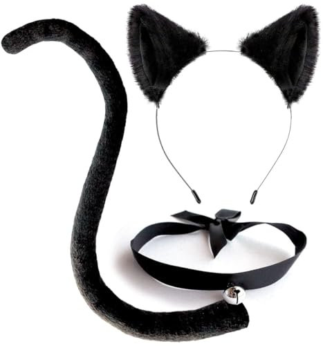 ZOSIGN 3 Stück Katzen Stirnband Damen, Katzenohren Haarreif mit Schwanz und Halsband, Katze Ohren Stirnband, für Cosplay, Karneval Party, Halloween(C)