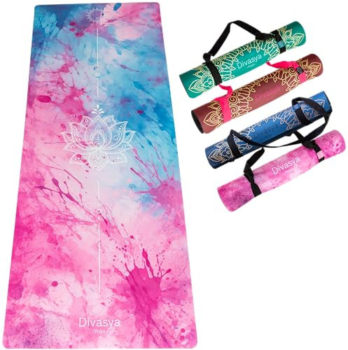 DIVASYA Premium nachhaltige Yogamatte rutschfest: Naturkautschuk rutschfest & saugstarke Mikrofaser-Oberfläche, großzügige Maße (183x68x0,5cm), Tragegurt & Fixierband, Yoga Matte (Pink Lotus)