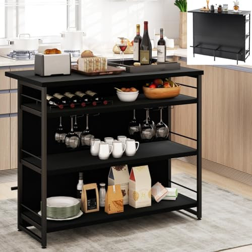 TANGZON 2 in 1 Kitchen Island, Industrial 4-Tier Bar Table with Storage Shelves, Wine Rack, Glass Holders & Footrests, Metal Frame Counter Home Bar Unit Wine Cabinet (Black)