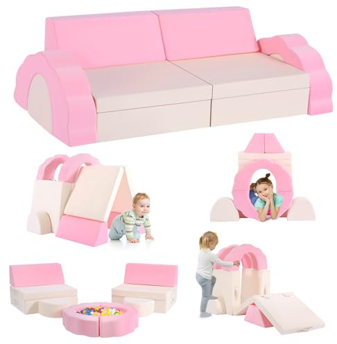 Lischwert Kindersofa, 10pcs Spielsofa für Kinder Schaumstoff Bausteine, Modulares Kindersofa Weicher Kindermöbel Couch für Jungen und Mädchen Entwicklung Intelligenz(Rosa und Beige