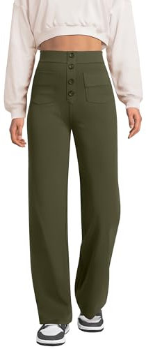 Glacspyg Weite Hose Damen Hohe Taille Sporthose Knopf Gerade Hosen mit Taschen Elastische Freizeithose Olivgrün 2XL