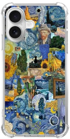 Van Gogh Art Collage Phone Case Compatible with iPhone 16, Van Gogh Classic Paintings Collage Trendy Cool Girl Boy Silicone Shockproof TPU Bumper Cover Case for iPhone 16