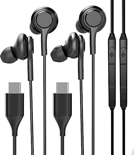 USB-C Wired Earphones with Microphone (2Pack) Type C Cable In-Ear Headphones compatible for Samsung Galaxy S23 S22 S24 Ultra Noise Cancelling Android Phone Earbuds Pro Max Fold 5G Audio Accessories