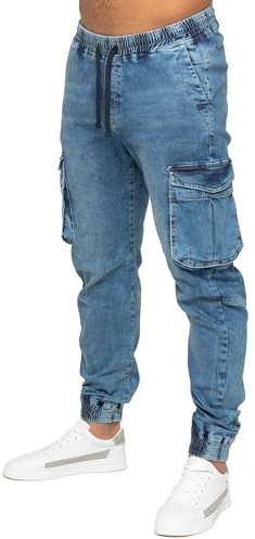 989Zé ENZO Mens Cargo Combat Jeans Elasticated Waist Cuffed Trousers Joggers (UK, Numeric, 30, Regular, Regular, Blue)