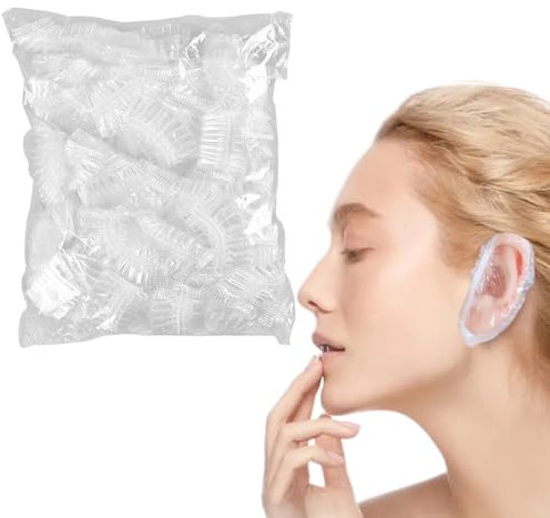 SIRLOMU 100 pièces protège-oreilles en plastique waterproof pour teindre les cheveux, douche, bain, pour la maison et le salon de coiffure (transparent)