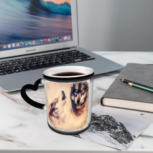 AELKSP Tasses Magique Mugs Change De Couleur en Fonction De La Température du Liquide,Mug Cadeau Original Tasse pour 330ml,Peinture à l'aérographe de loups hurlants sur toile, fond de couleur, contact