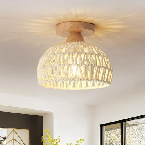 Lampenschirm Rattan Deckenleuchte Wohnzimmer,Boho Lampenschirm Retro Deckenlampe Schlafzimmer,Kleine Hanf Seil Deckenlampen für Esszimmer Küche Schlafzimmer Lampe Decke,Deckenlampe Flur,Beige