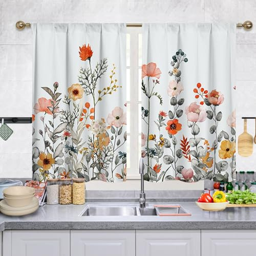 Highdi Lot de 2 Rideaux Cuisine, Courts Rideau Cuisine Rideau sous Evier, Petites Fenêtres Voilage Fenetre avec œillets pour Bistrot, Salon, Maison de Campagne (Orange,107x80cm)