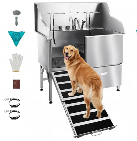 VEVOR Dog Bath Tub, Professional 50 Inch 304 Stainless Steel Dog Washing Station Anti-Slip Ramp & Storage Drawer, Hot Cold Water Faucet and Showerhead for Large Medium Small Dogs (Left Door)