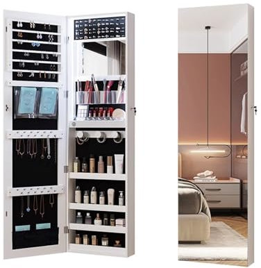 HXYhydrypd Spiegelschmuckschrank, Schmuckschrank mit Spiegel, Standspiegel Ganzkörperspiegel, Schmuck Aufbewahrung(White)