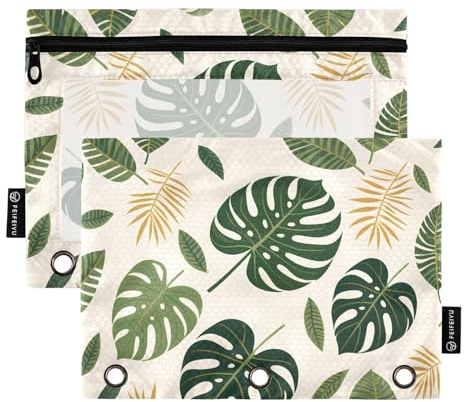 OWFKAY Federmäppchen für 3-Ring-Ordner, Großpackung mit 3 Löchern, Reißverschluss-Taschen mit transparentem Fenster, Monstera-Blattmuster, Monstera-Blattmuster, one sizex2, Kulturbeutel