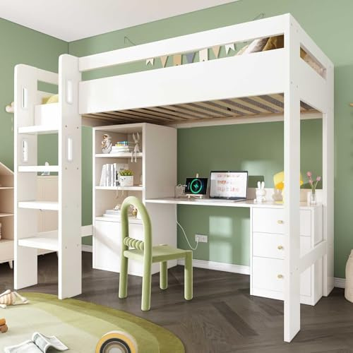 YEHTOKHOME Lit Mezzanine Multifonctionnel 90x200cm avec Rangement, Bureau et 3 tiroirs,loft lit Simple en Bois avec Ports de Charge USB et Type-C,escalier et Garde-Corps(sans Matelas) (Blanc 3)