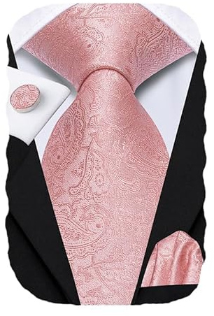 Hi-Tie Mens Pink Tie Set Silk Paisley Necktie with Pocket Square Cufflinks Set Formal Necktie for Wedding Business