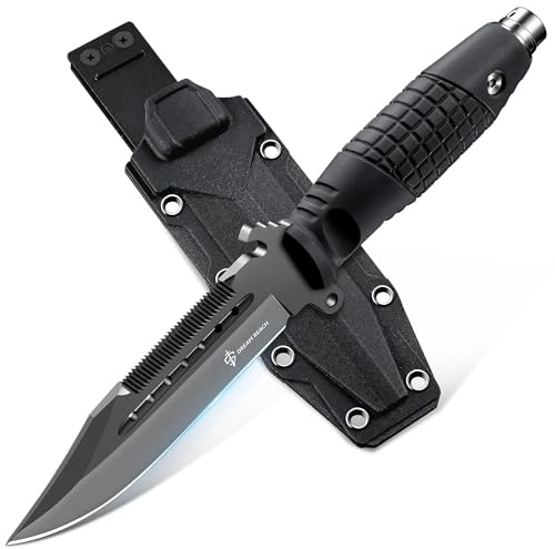 Dream Reach Outdoor Survival Messer - Scharfe Jagdmesser Multifunktional | Mit Flaschenöffner, Gezähnter Rücken & Braune Scheide, Feststehende Klinge, 8Cr14Mov Stahl, Geschenke für Männer, Schwarz