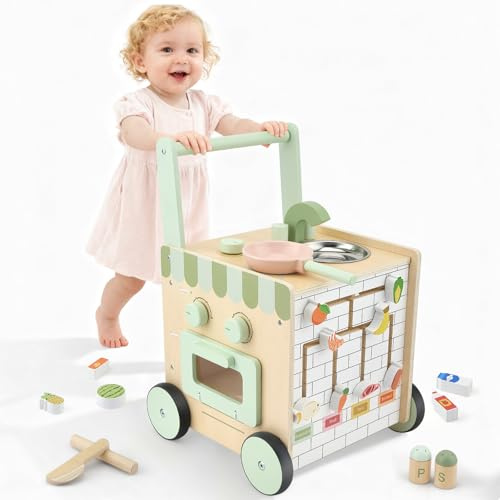 Lauflernhilfe Baby, 9 In 1 Lauflernwagen Holz, Lauflernwagen Baby mit Montessori Spielzeug & Spielküche, Spielzeug für Die Früherziehung, Geschenke für Babys ab 6 Monate, für Frühkindliche Bildung