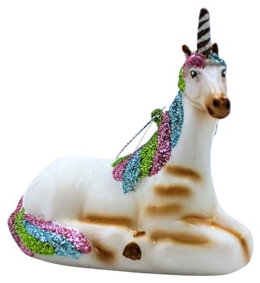 Dekohelden24 Lauschaer Christbaumschmuck - Christbaumkugeln Lauscha, Glaskugeln, Glasornament Einhorn, Glasbehang als Unicorn in weiß mit bunter Mähne, aus Lauscha, L/B/H 10 x 5 x 9 cm.