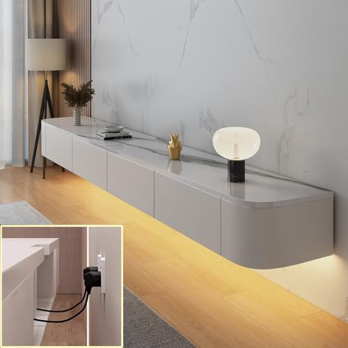 XDXINY Meuble TV suspendu, étagère murale pour TV, meuble TV avec grand espace de stockage, table basse sous TV, lowboard avec tiroirs, support pour routeur (blanc rock+LED, 220 x 20 x 24 cm