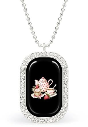Afternoon Tea Teapot Cup Strawberry Cupcake Necklace Gift for Women White Diamond Necklaces Sparkling Rectangular Pendant with Chain