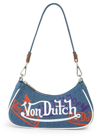 Von Dutch Damen-Schultertasche mit Strasssteinen – stilvolle Handtasche mit verstellbarem Riemen, geräumiger Innenraum und ikonischem Logo-Design, Orange und Lila Multi-Logo-Denim