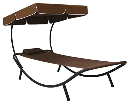 Mandloder Sonnenliege Braun mit großem Sonnendach und Kissen, witterungsbeständige Gartenliege aus Oxford-Gewebe & Stahl für Terrasse, Strand, Balkon, Relaxliege Chaiselongue