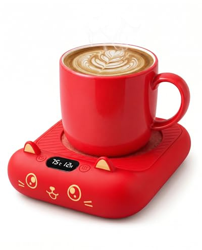 Calentador de tazas para escritorio, apagado automático, calentador de velas inteligente con 4 ajustes de temperatura, calentador de bebidas eléctrico para café, cacao, té (rojo)