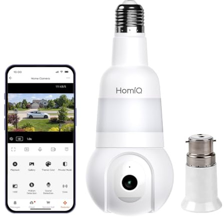 HomiQ E27 Bulb Security Camera, 5MP 3K PTZ WiFi Indoo & Outdoor Cam | 12000K Smart Light, AI Human Motion Sound Detection, Siren Strobe Alarm, Colour Night Vision, Local & Cloud Storage