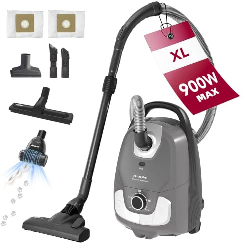 Akitas C11 Pet 900 W aspirapolvere con sacco, con spazzola turbo extra per peli di animali, cavo da 7 m e raggio d'azione di 10 m, potenza regolabile, grande capacita, per pavimenti duri e tappeti