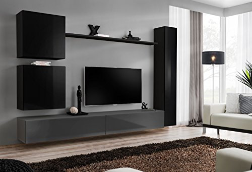 All4All Wohnwand SW 8 - Wohnzimmermöbel - Schrankwand für Wohnzimmer - Wohnzimmerschrank - Anbauwand Hängend -Modern - Schwarz+Grau 21