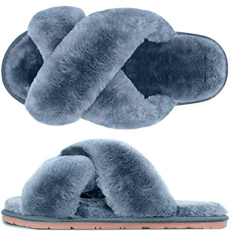 SIMIYA Womens Fluffy Slippers, Anti-Skid Faux Fur House Slippers, Warm Furry Cozy Open Toe Sliders for Girls Indoor Outdoor Shoes(Grey,UK 5/6)
