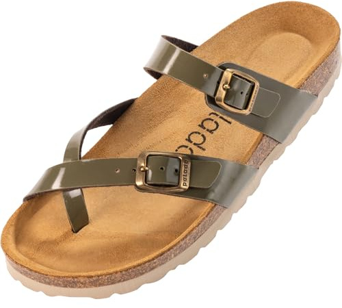 Palado Damen Pantoletten Cres Lack – Sandalen Made in Spain - elegante Hausschuhe mit dampfendem Kork-Fußbett - modische Sommerschuhe Olive UK6 - EU39