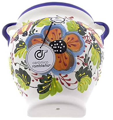 CERÁMICA RAMBLEÑA | Vaso da Fiori per Parete | Vaso Ceramica 100% Decorato a Mano | Vaso Esterni con Foro per Appendere e Drenaggio - Modello 02 | Fatto in Spagna 18x16x14 cm