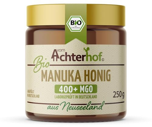 Bio Manuka Honig | 250g | 100% BIO | mit 400+ MGO | in Deutschland laborgeprüfter Methylglyoxal Wert | reines Naturprodukt aus Neuseeland | aus ethischer Imkerei | vom Achterhof