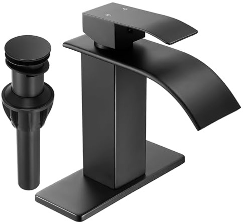 Fransiton Black Waterfall Bathroom Faucet Lavatory Single Handle 1 or 3 Hole Bathroom Sink Faucet Washbasin Faucet with Deck and Pop-up Drain