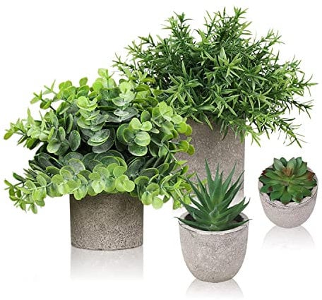 Samchilderlan Small Artificial Plants Set of 4, Plastic Fake Plants Indoors In Pots, Eucalyptus Succulents Potted Faux Plants Desk Plants for Bathroom/Office/Home Decor