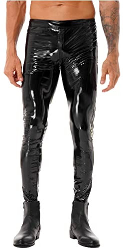 MSemis Herren Lack Leder Hose Pants Wetlook Leggings Skinny mit Reißverschluss Elastisch Lackoptik Lederhose Slim Fit Schwarz XXL