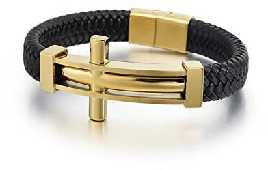 Wycian Gold Armband Jungen, Lederarmband Herren Einfach Kreuz 21CM Rostfreier Stahl für Männer Frauen