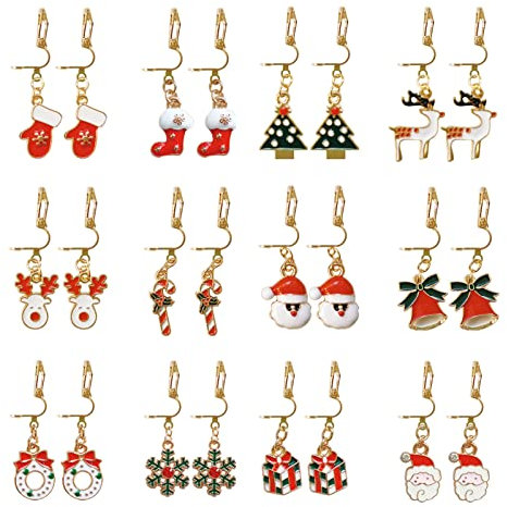 12 Paires Boucles D'oreilles Noel Clip Femme, Décoration Enfant Fille Bijoux, Thème Noël Oreilles Princesse Tassel Maquillage - Hypoallergénique