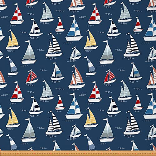 Segelboot Polsterstoff von The Yard Nautisch Ozean Thema Dekostoff für Polster und Heimwerkerprojekte Marine Meer Adventure Wasserdicht Draussen Stoff Marineblau 460x150cm